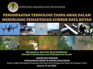 SARESEHAN WEBINAR
PENGGUNAAN DRONE DI BIDANG KEHUTANAN
Dalam rangka Peningkatan Kapasitas dan Keamanan Penggunaan Drone di Kawasan Hutan
KEMENTERIAN LINGKUNGAN HIDUP DAN KEHUTANAN
Jakarta, 15 Juli 2020
Ruandha Agung Sugardiman
Dirjen Pengendalian Perubahan Iklim
 