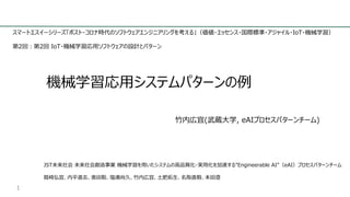 機械学習応⽤システムパターンの例
⽵内広宜(武蔵⼤学, eAIプロセスパターンチーム)
1
スマートエスイーシリーズ「ポスト・コロナ時代のソフトウェアエンジニアリングを考える」（価値・エッセンス・国際標準・アジャイル・IoT・機械学習）
第2回︓第2回 IoT・機械学習応⽤ソフトウェアの設計とパターン
JST未来社会 未来社会創造事業 機械学習を⽤いたシステムの⾼品質化・実⽤化を加速する”Engineerable AI”（eAI）プロセスパターンチーム
鷲崎弘宜、内平直志、奥⽥聡、塩浦尚久、⽵内広宜、⼟肥拓⽣、名取直毅、本⽥澄
 