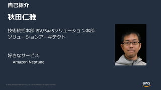 © 2020, Amazon Web Services, Inc. or its Affiliates. All rights reserved.
自己紹介
秋田仁雅
技術統括本部 ISV/SaaSソリューション本部
ソリューションアーキテクト
好きなサービス
Amazon Neptune
 