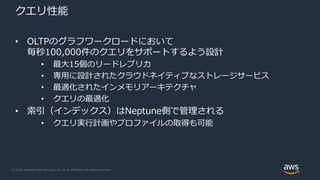 © 2020, Amazon Web Services, Inc. or its Affiliates. All rights reserved.
クエリ性能
• OLTPのグラフワークロードにおいて
毎秒100,000件のクエリをサポートするよう設計
• 最大15個のリードレプリカ
• 専用に設計されたクラウドネイティブなストレージサービス
• 最適化されたインメモリアーキテクチャ
• クエリの最適化
• 索引（インデックス）はNeptune側で管理される
• クエリ実行計画やプロファイルの取得も可能
 