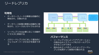 © 2020, Amazon Web Services, Inc. or its Affiliates. All rights reserved.
リードレプリカ
可用性
• データベースノードの障害は自動的に
検知され、交換される
• データベース処理の障害は自動的に検
知され、リソースはリサイクルされる
• リードレプリカは必要に応じて自動的
にマスタに昇格する
• どのリードレプリカに対して優先的に
フェイルオーバーさせるかを指定でき
る
Primary
Node
Primary
Nodeマスタ
Primary
Node
Primary
Node
リード
レプリカ
Primary
Node
Primary
Node
リード
レプリカ
クラスタ/
インスタンス
モニタリング
パフォーマンス
• リードレプリカによってアプリケーション
の読み込みトラフィックをスケールアウト
させることができる
• 読み込みエンドポイントによってリードレ
プリカを跨がって負荷が分散される
 