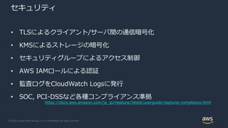 © 2020, Amazon Web Services, Inc. or its Affiliates. All rights reserved.
セキュリティ
• TLSによるクライアント/サーバ間の通信暗号化
• KMSによるストレージの暗号化
• セキュリティグループによるアクセス制御
• AWS IAMロールによる認証
• 監査ログをCloudWatch Logsに発行
• SOC, PCI-DSSなど各種コンプライアンス準拠
https://docs.aws.amazon.com/ja_jp/neptune/latest/userguide/neptune-compliance.html
 