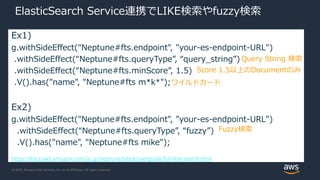© 2020, Amazon Web Services, Inc. or its Affiliates. All rights reserved.
ElasticSearch Service連携でLIKE検索やfuzzy検索
Ex1)
g.withSideEffect("Neptune#fts.endpoint", "your-es-endpoint-URL")
.withSideEffect(“Neptune#fts.queryType”, “query_string”)
.withSideEffect(“Neptune#fts.minScore”, 1.5)
.V().has("name", "Neptune#fts m*k*");
Ex2)
g.withSideEffect("Neptune#fts.endpoint", "your-es-endpoint-URL")
.withSideEffect(“Neptune#fts.queryType”, “fuzzy”)
.V().has("name", "Neptune#fts mike");
https://docs.aws.amazon.com/ja_jp/neptune/latest/userguide/full-text-search.html
Fuzzy検索
Query String 検索
Score 1.5以上のDocumentのみ
ワイルドカード
 