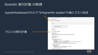© 2020, Amazon Web Services, Inc. or its Affiliates. All rights reserved.
Gremlin 実行計画 の取得
JupyterNotebookのセルで“%%gremlin explain”の後にクエリ記述
クエリの実行計画
 