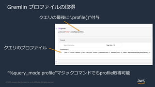 © 2020, Amazon Web Services, Inc. or its Affiliates. All rights reserved.
Gremlin プロファイルの取得
クエリの最後に”.profile()”付与
クエリのプロファイル
”%query_mode profile”マジックコマンドでもprofile取得可能
 