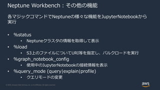 © 2020, Amazon Web Services, Inc. or its Affiliates. All rights reserved.
Neptune Workbench：その他の機能
各マジックコマンドでNeptuneの様々な機能をJupyterNotebookから
実行
• %status
• Neptuneクラスタの情報を取得して表示
• %load
• S3上のファイルについてURI等を指定し、バルクロードを実行
• ％graph_notebook_config
• 使用中のJupyterNotebookの接続情報を表示
• %query_mode (query|explain|profile)
• クエリモードの変更
 