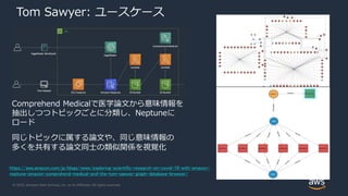 © 2020, Amazon Web Services, Inc. or its Affiliates. All rights reserved.
Tom Sawyer: ユースケース
Comprehend Medicalで医学論文から意味情報を
抽出しつつトピックごとに分類し、Neptuneに
ロード
同じトピックに属する論文や、同じ意味情報の
多くを共有する論文同士の類似関係を視覚化
https://aws.amazon.com/jp/blogs/news/exploring-scientific-research-on-covid-19-with-amazon-
neptune-amazon-comprehend-medical-and-the-tom-sawyer-graph-database-browser/
 