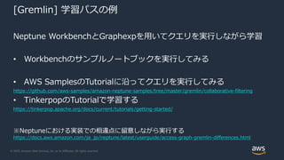 © 2020, Amazon Web Services, Inc. or its Affiliates. All rights reserved.
[Gremlin] 学習パスの例
Neptune WorkbenchとGraphexpを用いてクエリを実行しながら学習
• Workbenchのサンプルノートブックを実行してみる
• AWS SamplesのTutorialに沿ってクエリを実行してみる
https://github.com/aws-samples/amazon-neptune-samples/tree/master/gremlin/collaborative-filtering
• TinkerpopのTutorialで学習する
https://tinkerpop.apache.org/docs/current/tutorials/getting-started/
※Neptuneにおける実装での相違点に留意しながら実行する
https://docs.aws.amazon.com/ja_jp/neptune/latest/userguide/access-graph-gremlin-differences.html
 