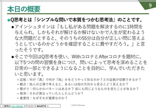 ©2019 fullvirtue
ご質問は http://sli.do/ イベントコード #elv0715 へ
本⽇の概要
◆Q思考とは「シンプルな問いで本質をつかむ思考法」のことです。
lアインシュタインは「もし私がある問題を解決するのに1時間を
与えられ、しかもそれが解けるか解けないかで⼈⽣が変わるよう
な⼤問題だとすると、そのうちの55分は⾃分が正しい問に答えよ
うとしているのかどうかを確認することに費やすだろう。」と⾔
ったそうです。
lそこで今回はQ思考を使い、WithコロナとAfterコロナを題材に、
以下5つの問の習慣を⾝につけ、問いによって思考を深めることを
⽇常の⼀部とできるようになることを⽬的に、学んでいただきた
いと思います。
– 証拠：何が「真」で何が「偽」かをどうやって知るのか？どの証拠が信頼できるか？
– 観点：他⼈の⽴場で考えると、あるいは他の⽅向から⾒るとどう⾒えるか？
– 繋がり：何らかのパターンはあるか？ 前にも同じようなものを⾒たことがあるか？
– 推測：それが異なっていたとしたらどうか？
– 重要性：なぜそれが重要なのか？
9
 