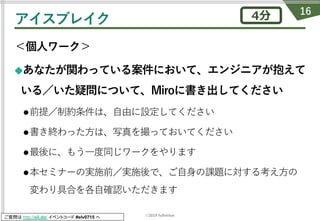 ©2019 fullvirtue
ご質問は http://sli.do/ イベントコード #elv0715 へ
アイスブレイク
＜個⼈ワーク＞
◆あなたが関わっている案件において、エンジニアが抱えて
いる／いた疑問について、Miroに書き出してください
l前提／制約条件は、⾃由に設定してください
l書き終わった⽅は、写真を撮っておいてください
l最後に、もう⼀度同じワークをやります
l本セミナーの実施前／実施後で、ご⾃⾝の課題に対する考え⽅の
変わり具合を各⾃確認いただきます
16
4分
 