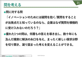 ©2019 fullvirtue
ご質問は http://sli.do/ イベントコード #elv0715 へ
問を考える
◆問に対する問
「イノベーションのためには疑問を抱く/質問をすること
が出発点だと知っているのなら、企業はなぜ質問を積極的
に受け⼊れないのだろう？」
◆優れた1つの問は、何層もの答えを導き出し、数⼗年にも
及んだ模索に解決の⽷⼝を与え、まったく新しい探求分野
を切り開き、凝り固まった考えを変えることができる。
21
 