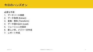 今日のハンズオン
必要な手順
1. データソース接続
2. データ取得 (Extract)
3. 変換・整形 (Transform)
4. データ読み込み (Load)
5. リレーションの設定
6. 新しい列、メジャーの作成
7. レポート作成
2020.07.15 行政職員向けICT体験型セミナー 12
 