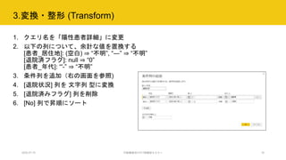3.変換・整形 (Transform)
1. クエリ名を「陽性患者詳細」に変更
2. 以下の列について、余計な値を置換する
[患者_居住地]: (空白) ⇒ “不明”, “―” ⇒ “不明”
[退院済フラグ]: null ⇒ “0”
[患者_年代]: “'-” ⇒ “不明”
3. 条件列を追加（右の画面を参照)
4. [退院状況] 列を 文字列 型に変換
5. [退院済みフラグ] 列を削除
6. [No] 列で昇順にソート
2020.07.15 行政職員向けICT体験型セミナー 16
 