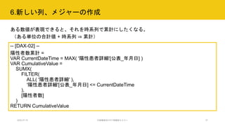 6.新しい列、メジャーの作成
2020.07.15 行政職員向けICT体験型セミナー 27
ある数値が表現できると、それを時系列で累計にしたくなる。
（ある単位の合計値 + 時系列 ⇒ 累計）
-- [DAX-02] --
陽性者数累計 =
VAR CurrentDateTime = MAX( '陽性患者詳細'[公表_年月日] )
VAR CumulativeValue =
SUMX(
FILTER(
ALL( '陽性患者詳細' ),
'陽性患者詳細'[公表_年月日] <= CurrentDateTime
),
[陽性者数]
)
RETURN CumulativeValue
 