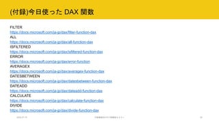 (付録)今日使った DAX 関数
2020.07.15 行政職員向けICT体験型セミナー 34
FILTER
https://docs.microsoft.com/ja-jp/dax/filter-function-dax
ALL
https://docs.microsoft.com/ja-jp/dax/all-function-dax
ISFILTERED
https://docs.microsoft.com/ja-jp/dax/isfiltered-function-dax
ERROR
https://docs.microsoft.com/ja-jp/dax/error-function
AVERAGEX
https://docs.microsoft.com/ja-jp/dax/averagex-function-dax
DATESBETWEEN
https://docs.microsoft.com/ja-jp/dax/datesbetween-function-dax
DATEADD
https://docs.microsoft.com/ja-jp/dax/dateadd-function-dax
CALCULATE
https://docs.microsoft.com/ja-jp/dax/calculate-function-dax
DIVIDE
https://docs.microsoft.com/ja-jp/dax/divide-function-dax
 