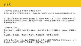 まとめ
2020.07.15 行政職員向けICT体験型セミナー 35
いかがでしたでしょう？うまくできましたか？
今日ハンズオンでご紹介したのは、 Power BI でレポートを作成する方法のほんの一部です。
が、基本は今日のようにデータを取得して、ビジュアライズをしていく。ビジュアライズに
必要なデータが不足していることに気が付いたら、データを取得するところに立ち戻って、
再度作業をする。
この繰り返しです。
最初からすべて必要なものを手に入れて、作るべきメジャーも定義して…なんて、不可能で
す。
繰り返し、繰り返し、考えて、考えて、考え抜いて、できあがります。
できたと思っても、「あ、あれを追加しよう！こういう表現の方がわかりやすいかも！」と
思ったら、ひたすらに試す。永遠のベータ版でよいのです。
 