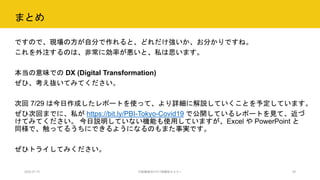 まとめ
2020.07.15 行政職員向けICT体験型セミナー 36
ですので、現場の方が自分で作れると、どれだけ強いか、お分かりですね。
これを外注するのは、非常に効率が悪いと、私は思います。
本当の意味での DX (Digital Transformation)
ぜひ、考え抜いてみてください。
次回 7/29 は今日作成したレポートを使って、より詳細に解説していくことを予定しています。
ぜひ次回までに、私が https://bit.ly/PBI-Tokyo-Covid19 で公開しているレポートを見て、近づ
けてみてください。 今日説明していない機能も使用していますが、Excel や PowerPoint と
同様で、触ってるうちにできるようになるのもまた事実です。
ぜひトライしてみください。
 