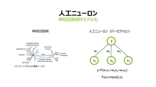 10
人工ニューロン
神経回路網をモデル化
スタンフォード大学cs231講義ノートより
神経回路網
w1 w2 w3
x1 x2 x3
y
y=F(w1x1+w2x2+w3x3)
F(x)=max(0,x)
人工ニューロン（パーセプトロン）
 