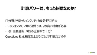 54
計算パワーは、もっと必要なのか?
IT分野からミッションクリティカル分野に拡大
• ミッションクリティカル分野では、より高い精度が必要
• 例:自動運転、99%の正解率で十分?
Question: もっと精度を上げるにはどうすればよいのか
 