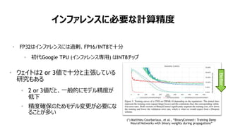 83
インファレンスに必要な計算精度
• FP32はインファレンスには過剰、FP16/INT8で十分
• 初代Google TPU (インファレンス専用) はINT8チップ
(*) Matthieu Courbariaux, et al., “BinaryConnect: Training Deep
Neural Networks with binary weights during propagations”
• ウェイトは2 or 3値で十分と主張している
研究もある
• 2 or 3値だと、一般的にモデル精度が
低下
• 精度確保のためモデル変更が必要にな
ることが多い
Better
 