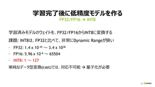 85
学習完了後に低精度モデルを作る
学習済みモデルのウェイトを、FP32/FP16からINT8に変換する
課題: INT8は、FP32と比べて、非常にDynamic Rangeが狭い
• FP32: 1.4 x 10-45 ～ 3.4 x 1038
• FP16: 5.96 x 10-8 ～ 65504
• INT8: 1 ～ 127
単純なデータ型変換(cast)では、対応不可能 → 量子化が必要
FP32/FP16 → INT8
 