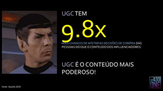 UGCTEM
9.8x
MAIS CHANCES DEAFETARAS DECISÕES DECOMPRA DAS
PESSOAS DOQUEOCONTEÚDO DOS INFLUENCIADORES.
Fonte: Stackla 2019
UGC É O CONTEÚDO MAIS
PODEROSO!
 