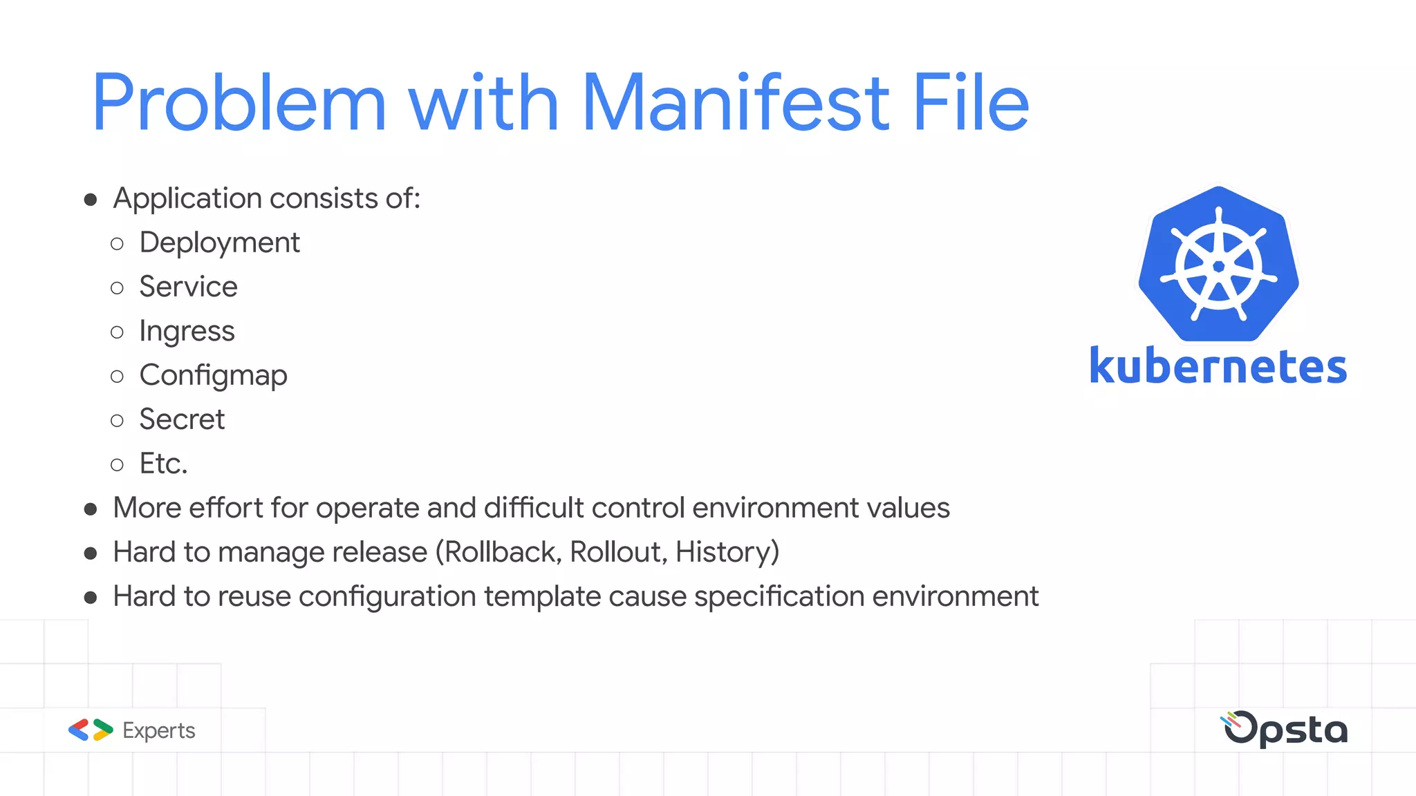 ● Application consists of:
○ Deployment
○ Service
○ Ingress
○ Configmap
○ Secret
○ Etc.
● More effort for operate and difficult control environment values
● Hard to manage release (Rollback, Rollout, History)
● Hard to reuse configuration template cause specification environment
Problem with Manifest File
 