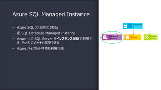 Azure SQL Managed Instance
• Azure SQL ファミリ内の1製品
• 旧 SQL Database Managed Instance
• Azure 上で SQL Server をインスタンス単位で利⽤で
き、PaaS のメリットも享受できる
• Azure ハイブリット特典も利⽤可能
 