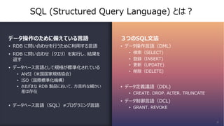 SQL (Structured Query Language) とは︖
データ操作のために備えている⾔語
• RDB に問い合わせを⾏うために利⽤する⾔語
• RDB に問い合わせ（クエリ）を実⾏し、結果を
返す
• データベース⾔語として規格が標準化されている
• ANSI（⽶国国家規格協会）
• ISO（国際標準化機構）
• さまざまな RDB 製品において、⽅⾔的な細かい
差は存在
• データベース⾔語（SQL）≠プログラミング⾔語
３つのSQL⽂法
• データ操作⾔語（DML）
• 検索（SELECT)
• 登録（INSERT)
• 更新（UPDATE)
• 削除（DELETE)
• データ定義議語（DDL)
• CREATE、DROP、ALTER、TRUNCATE
• データ制御⾔語（DCL)
• GRANT、REVOKE
8
 