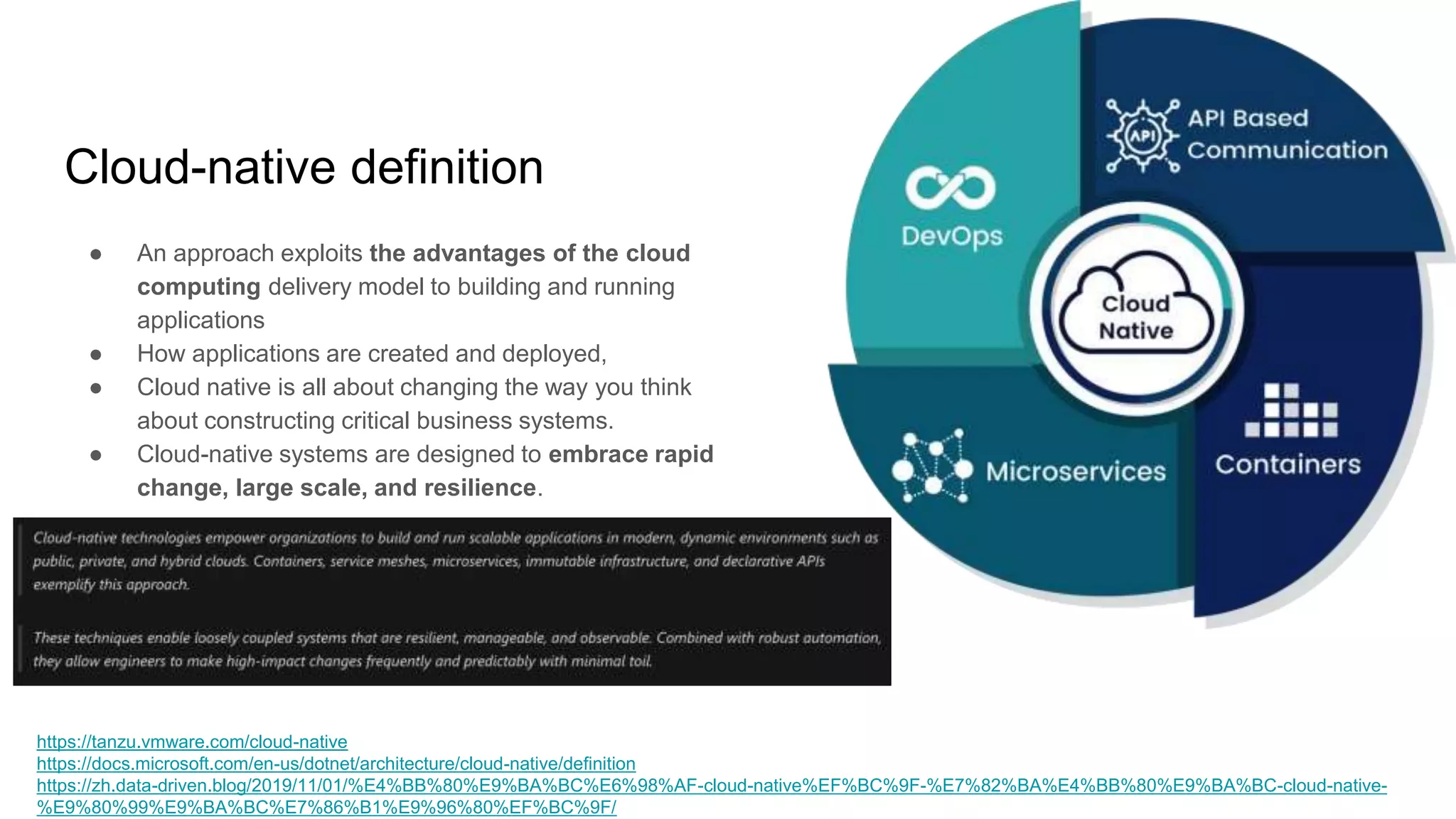 Cloud-native definition
● An approach exploits the advantages of the cloud
computing delivery model to building and running
applications
● How applications are created and deployed,
● Cloud native is all about changing the way you think
about constructing critical business systems.
● Cloud-native systems are designed to embrace rapid
change, large scale, and resilience.
https://tanzu.vmware.com/cloud-native
https://docs.microsoft.com/en-us/dotnet/architecture/cloud-native/definition
https://zh.data-driven.blog/2019/11/01/%E4%BB%80%E9%BA%BC%E6%98%AF-cloud-native%EF%BC%9F-%E7%82%BA%E4%BB%80%E9%BA%BC-cloud-native-
%E9%80%99%E9%BA%BC%E7%86%B1%E9%96%80%EF%BC%9F/
 