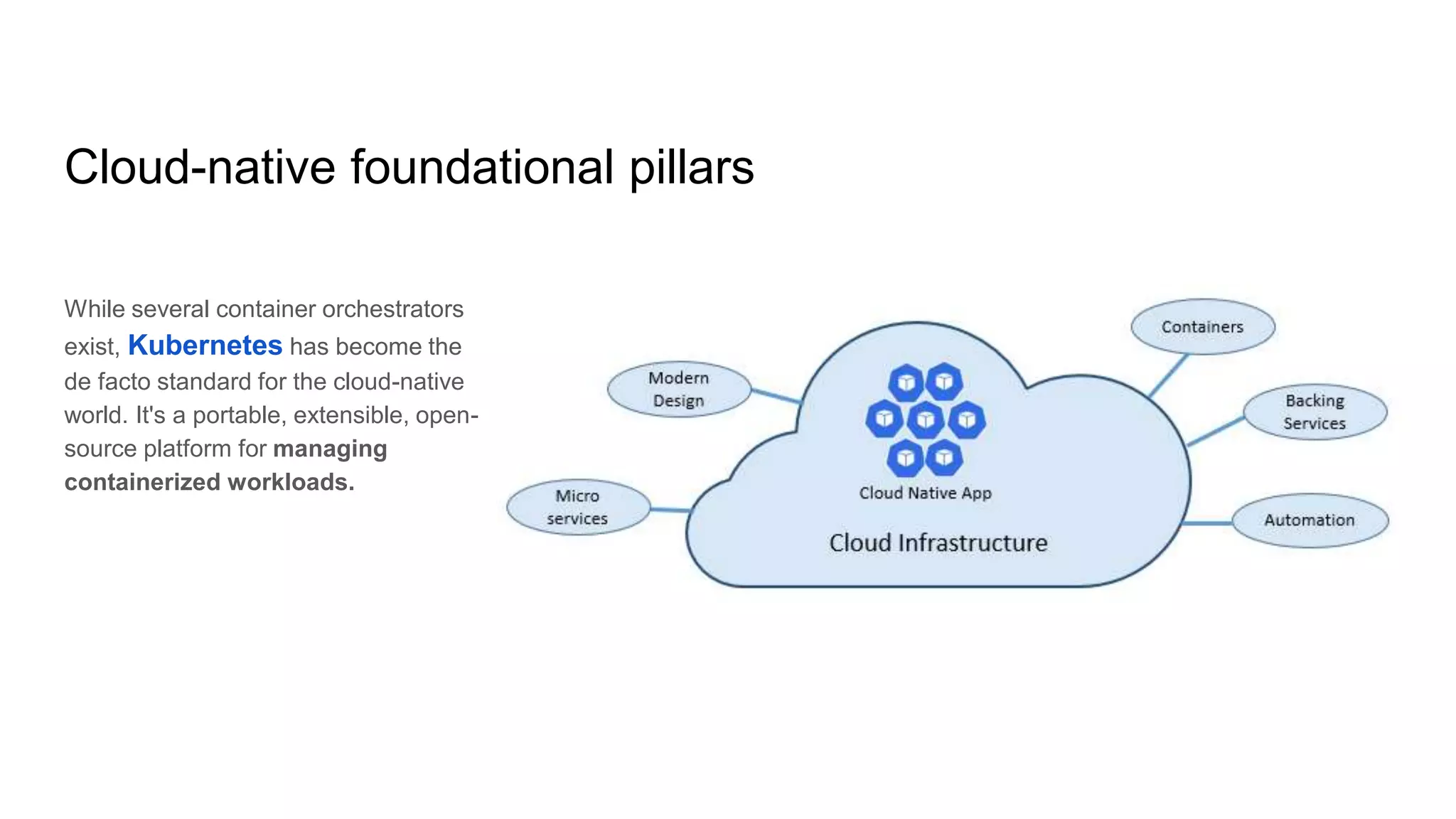 Cloud-native foundational pillars
While several container orchestrators
exist, Kubernetes has become the
de facto standard for the cloud-native
world. It's a portable, extensible, open-
source platform for managing
containerized workloads.
 