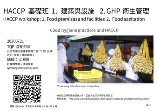 A-1
HACCP 基礎班 1. 建築與設施 2. GHP 衛生管理
HACCP workshop: 1. Food premises and facilities 2. Food sanitation
納米比亞共和國食品廠人員，正在為出口的棗子進行加工
照片來源： FAO, www.fao.org/food/food-safety-quality/capacity-development/haccp/en/
20200721
TQF 協會主辦
台北市中正區重慶南路二段 75 號 11 樓
(TQF 協會 6 樓會議室 )
講師：江易原
社會關懷者 / 準創業家
iychiang1809@gmail.com
掃描 QR code 可下載本次簡報 pdf 及 office 檔
 