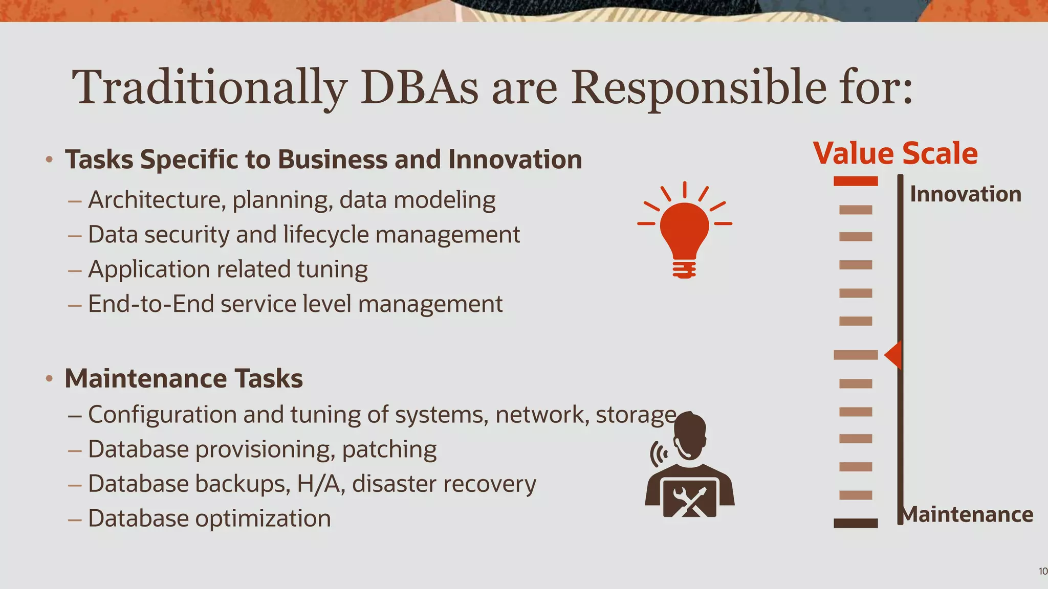Traditionally DBAs are Responsible for:
10
• Tasks Specific to Business and Innovation
– Architecture, planning, data modeling
– Data security and lifecycle management
– Application related tuning
– End-to-End service level management
• Maintenance Tasks
– Configuration and tuning of systems, network, storage
– Database provisioning, patching
– Database backups, H/A, disaster recovery
– Database optimization
Value Scale
Innovation
Maintenance
 