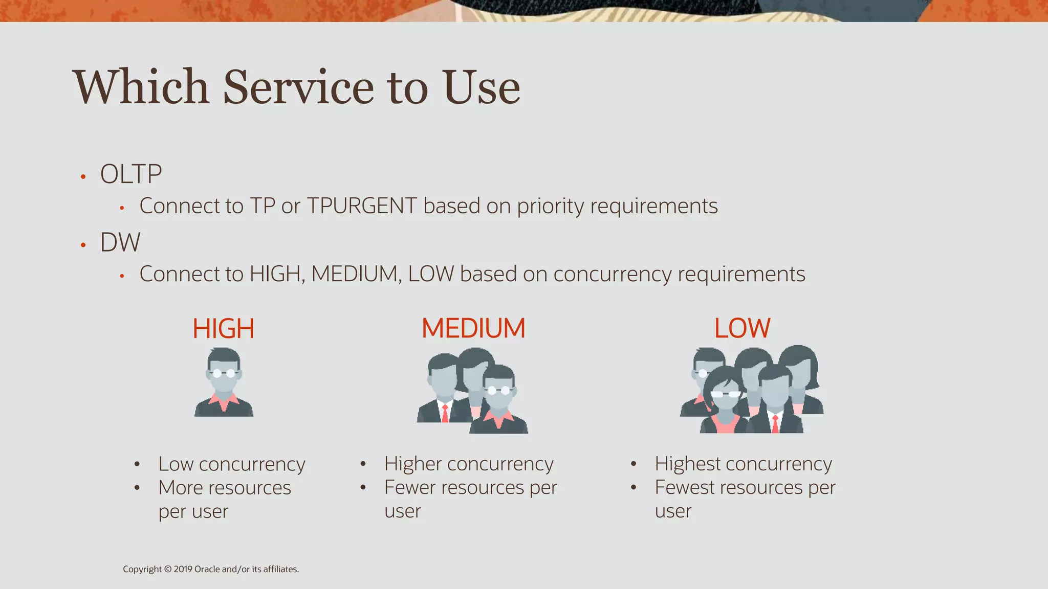 Which Service to Use
• OLTP
• Connect to TP or TPURGENT based on priority requirements
• DW
• Connect to HIGH, MEDIUM, LOW based on concurrency requirements
Copyright © 2019 Oracle and/or its affiliates.
HIGH
• Low concurrency
• More resources
per user
MEDIUM
• Higher concurrency
• Fewer resources per
user
LOW
• Highest concurrency
• Fewest resources per
user
 