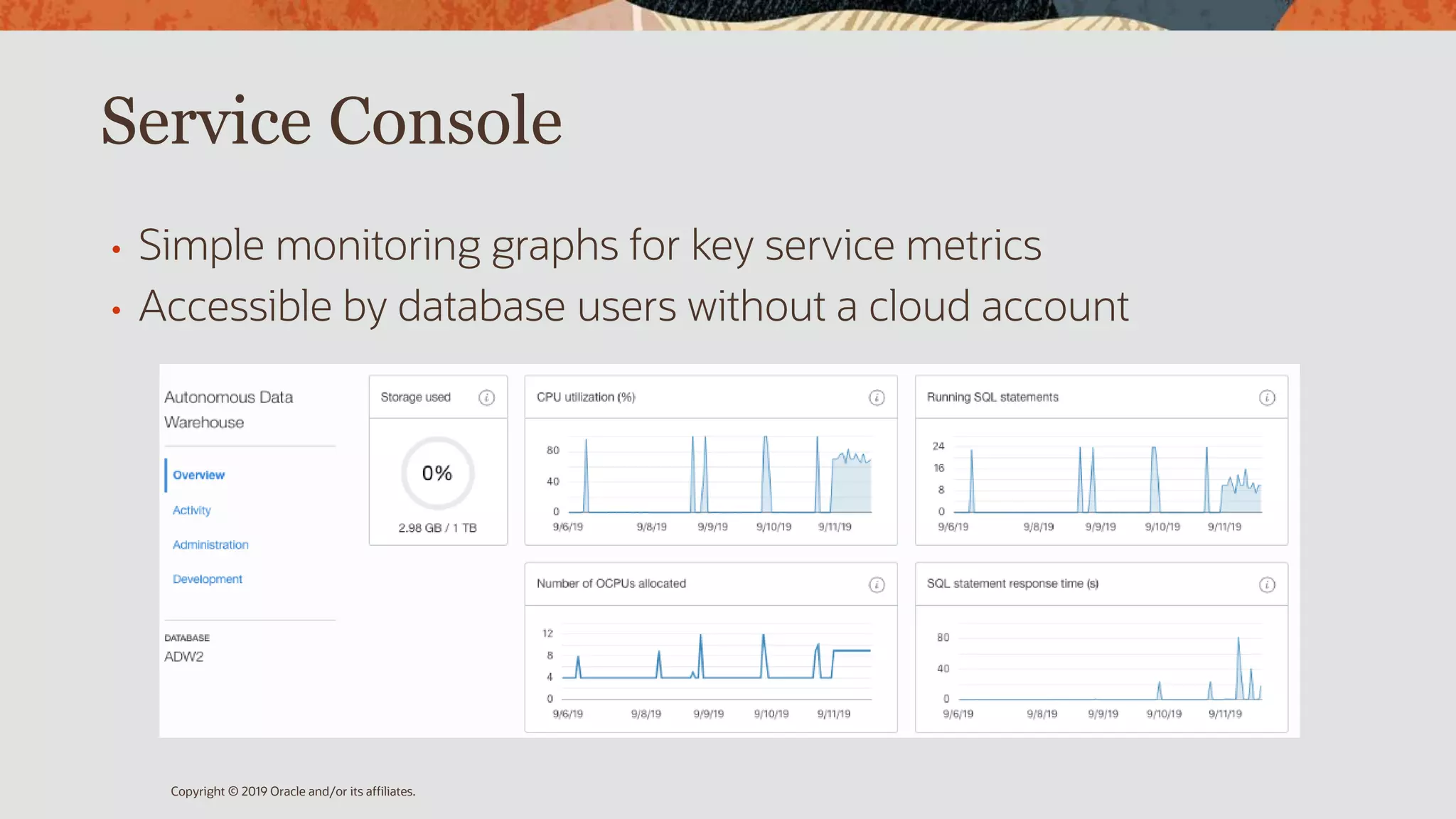 Service Console
• Simple monitoring graphs for key service metrics
• Accessible by database users without a cloud account
Copyright © 2019 Oracle and/or its affiliates.
 