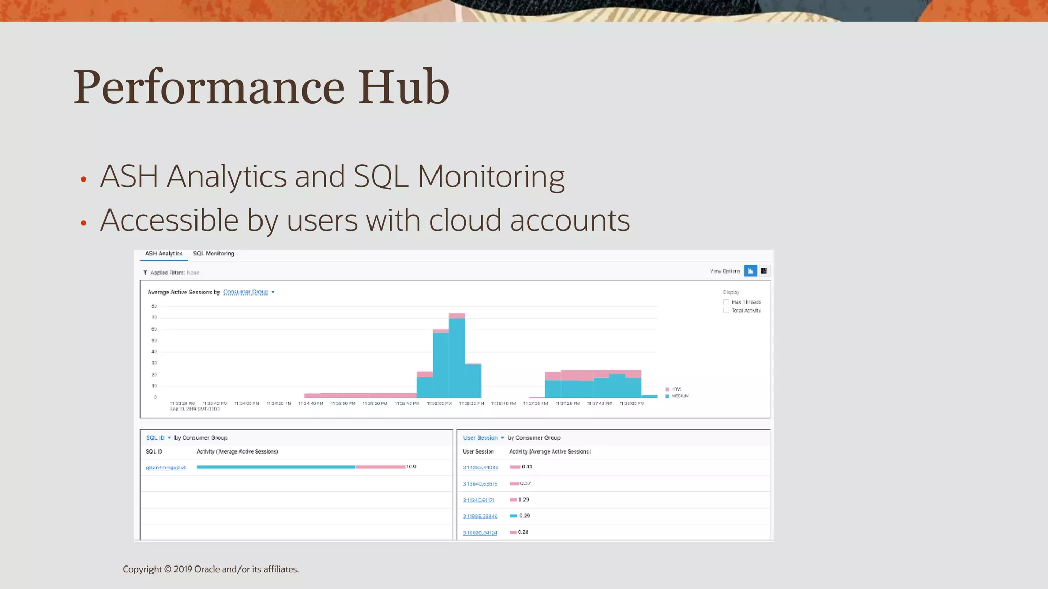 Performance Hub
• ASH Analytics and SQL Monitoring
• Accessible by users with cloud accounts
Copyright © 2019 Oracle and/or its affiliates.
 