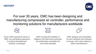 CMC NVPAGE 2
For over 30 years, CMC has been designing and
manufacturing compressed air controller, performance and
monitoring solutions for manufacturers worldwide
Since CMC opened its doors in
1985, our painstaking approach
to product development
remains unchanged
CMC’s production facilities in
Belgium and Asia have produced
our world-class controllers for
over three decades
CMC designs and assembles
its own hardware and software
in-house, and is less reliant on
other manufacturers
HISTORY
 