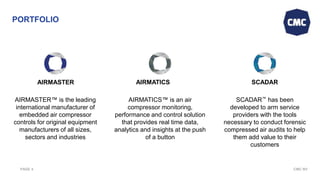 CMC NVPAGE 4
AIRMASTER™ is the leading
international manufacturer of
embedded air compressor
controls for original equipment
manufacturers of all sizes,
sectors and industries
AIRMATICS™ is an air
compressor monitoring,
performance and control solution
that provides real time data,
analytics and insights at the push
of a button
SCADAR™ has been
developed to arm service
providers with the tools
necessary to conduct forensic
compressed air audits to help
them add value to their
customers
AIRMASTER AIRMATICS SCADAR
PORTFOLIO
 