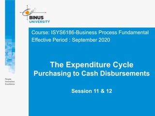 Course: ISYS6186-Business Process Fundamental
Effective Period : September 2020
The Expenditure Cycle
Purchasing to Cash Disbursements
Session 11 & 12
 