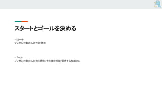 スタートとゴールを決める
・スタート
プレゼン対象の人の今の状態
・ゴール
プレゼン対象の人が抱く感情 /その後の行動/習得する知識etc.
 