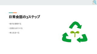 日常会話の3ステップ
・相手を理解する
・注意をひきつける
・考えを述べる
 