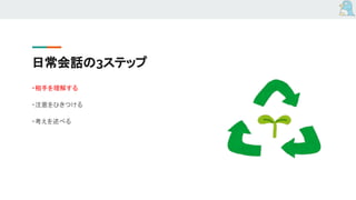日常会話の3ステップ
・相手を理解する
・注意をひきつける
・考えを述べる
 
