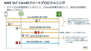© 2020, Amazon Web Services, Inc. or its Affiliates. All rights reserved. Amazon Confidential and Trademark.
AWS IoT Coreのフリートプロビジョニング
• デバイスの初期登録で⼈を介して、Claim証明書を発⾏して、独⾃の証明書を
発⾏してもらう
独自の証明書の発行依頼
独自の証明書を使って通信
秘密鍵、証明書、トークンが発行される
独自の証明書の有効化 Thing、Policyがプロビジョニング
テンプレートを利用して登録。
オプションでLambdaで検証させる
ことも可能
Claim証明書の発行依頼
スマフォなど人がログインして、
Access Keyなどクレデンシャルを
取得し、Claim証明書を発行して
もらう。この証明書は5分だけ有効
 