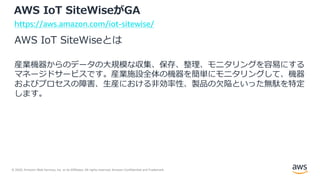 © 2020, Amazon Web Services, Inc. or its Affiliates. All rights reserved. Amazon Confidential and Trademark.
AWS IoT SiteWiseがGA
AWS IoT SiteWiseとは
産業機器からのデータの⼤規模な収集、保存、整理、モニタリングを容易にする
マネージドサービスです。産業施設全体の機器を簡単にモニタリングして、機器
およびプロセスの障害、⽣産における⾮効率性、製品の⽋陥といった無駄を特定
します。
https://aws.amazon.com/iot-sitewise/
 