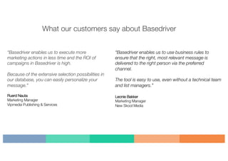 What our customers say about Basedriver
“Basedriver enables us to execute more
marketing actions in less time and the ROI of
campaigns in Basedriver is high.
Because of the extensive selection possibilities in
our database, you can easily personalize your
message.”
Ruerd Nauta
Marketing Manager
Vipmedia Publishing & Services
“Basedriver enables us to use business rules to
ensure that the right, most relevant message is
delivered to the right person via the preferred
channel.
The tool is easy to use, even without a technical team
and list managers.”
Leonie Bakker
Marketing Manager
New Skool Media
 