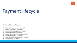 Payment lifecycle
In this module, we will discuss :
1. When is the payment transferred?
2. How is your payout calculated?
3. How to check your payment details?
4. How to download sales report?
5. How to download commission invoice?
6. How to download GST report?
7. What is the TDS reimbursement process?
8. How to check TCS details?
 