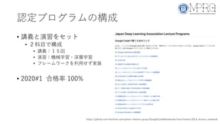 認定プログラムの構成
• 講義と演習をセット
• ２科目で構成
• 講義：１５回
• 演習：機械学習・深層学習
• フレームワークを利用せず実装
• 2020#1 合格率 100%
https://github.com/machine-perception-robotics-group/GoogleColabNotebooks/tree/master/JDLA_lecture_notebook
 