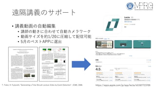 遠隔講義のサポート
• 講義動画の自動編集
• 講師の動きに合わせて自動カメラワーク
• 動画サイズを約1/20に圧縮して配信可能
• 5月のベストAPPに選出
https://apps.apple.com/jp/app/lecta/id1507723709T. Yokoi, H. Fujiyoshi, “Generating a Time Shrunk Lecture Video by Event Detection” , ICME, 2006.
 