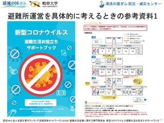 清流の国ぎふ 防災・減災センター
避難所運営を具体的に考えるときの参考資料1
17認定NPO 法人全国災害ボランティア支援団体ネットワーク（JVOAD）避難生活改善に関する専門委員会：新型コロナウイルス避難生活お役立ちサポートブック
 