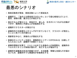 清流の国ぎふ 防災・減災センター
最悪のシナリオ
• 救助活動者が感染，救助活動によって感染拡大
• 避難所で，「あの人は感染者ではないか」という疑心暗鬼などにより，
差別，排除行動，暴力などが発生する
• 孤立する人が増えたり，息抜きや，楽しみ，生きがいにつながる活動が
できず，精神的に不調な人が多数発生する
• 避難所でクラスターが発生する
• 避難所内での体調モニタリングができていなくて，クラスターが発生し
たことに気づくのが遅れる
• 高齢者を中心に，多数の人が重症化する
• 医療のキャパシティを超え，重傷者のトリアージが行われる（治療して
もらえない人が，避難所で多数亡くなる）
• 避難所環境が劣悪で，COVID-19以外でも多数の人が体調悪化，避難所の
ヘルスモニタリング体制が整わず，死亡する人が増加する
• 避難所外避難者の状況が把握できず，その結果，情報も支援も行き届か
ないため，避難所外でも関連死が多数発生する
26
 